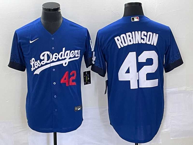 Mens Los Angeles Dodgers #42 Jackie Robinson Number Blue 2021 City Connect Cool Base Stitched Jersey